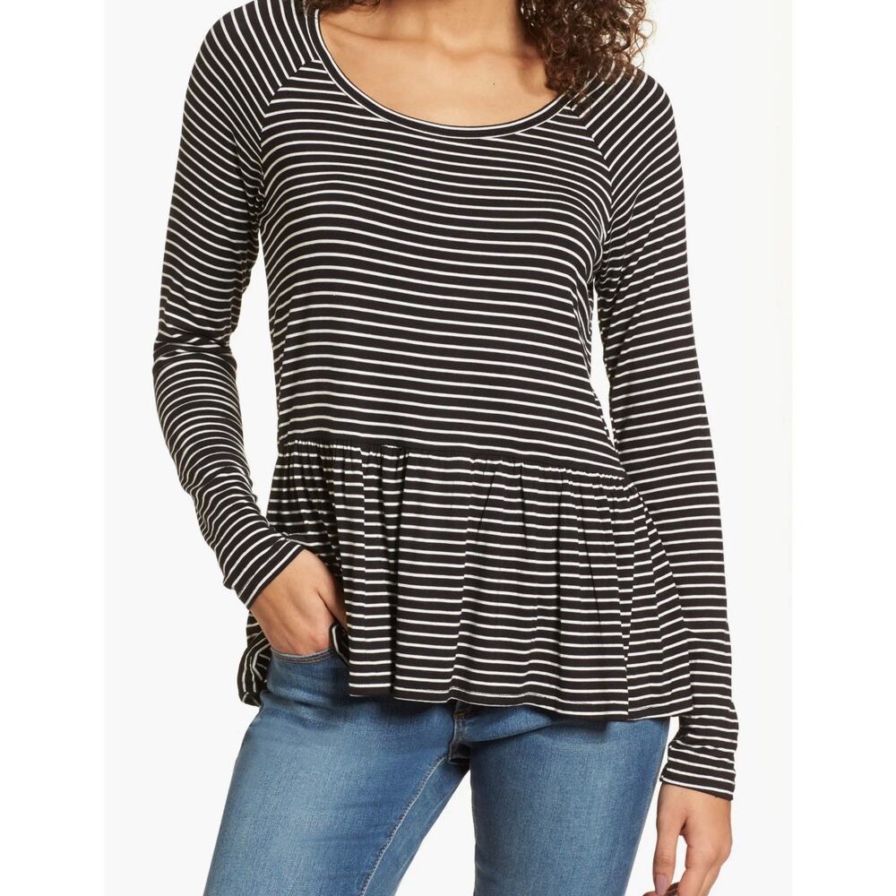 BP. Women’s Large Black & White Tiny Stripe Long Sleeve Peplum Top